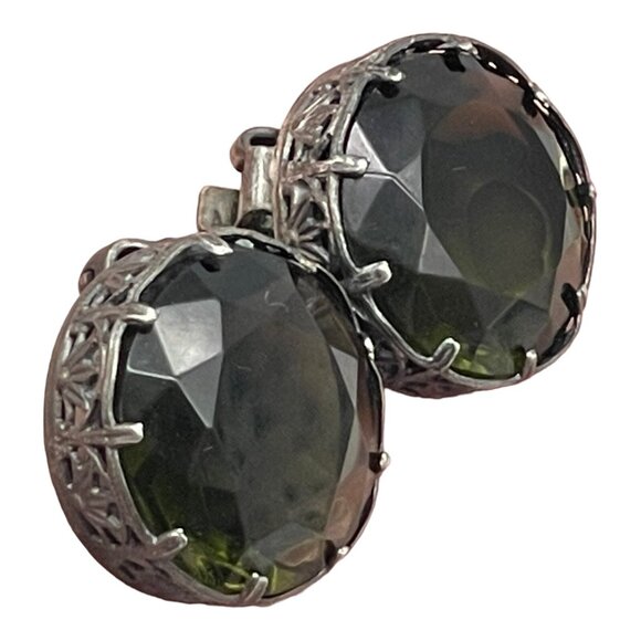 Vintage Made in Austria Dark Green Headlight Silver-tone Clip on Earrings HTF - Picture 8 of 16